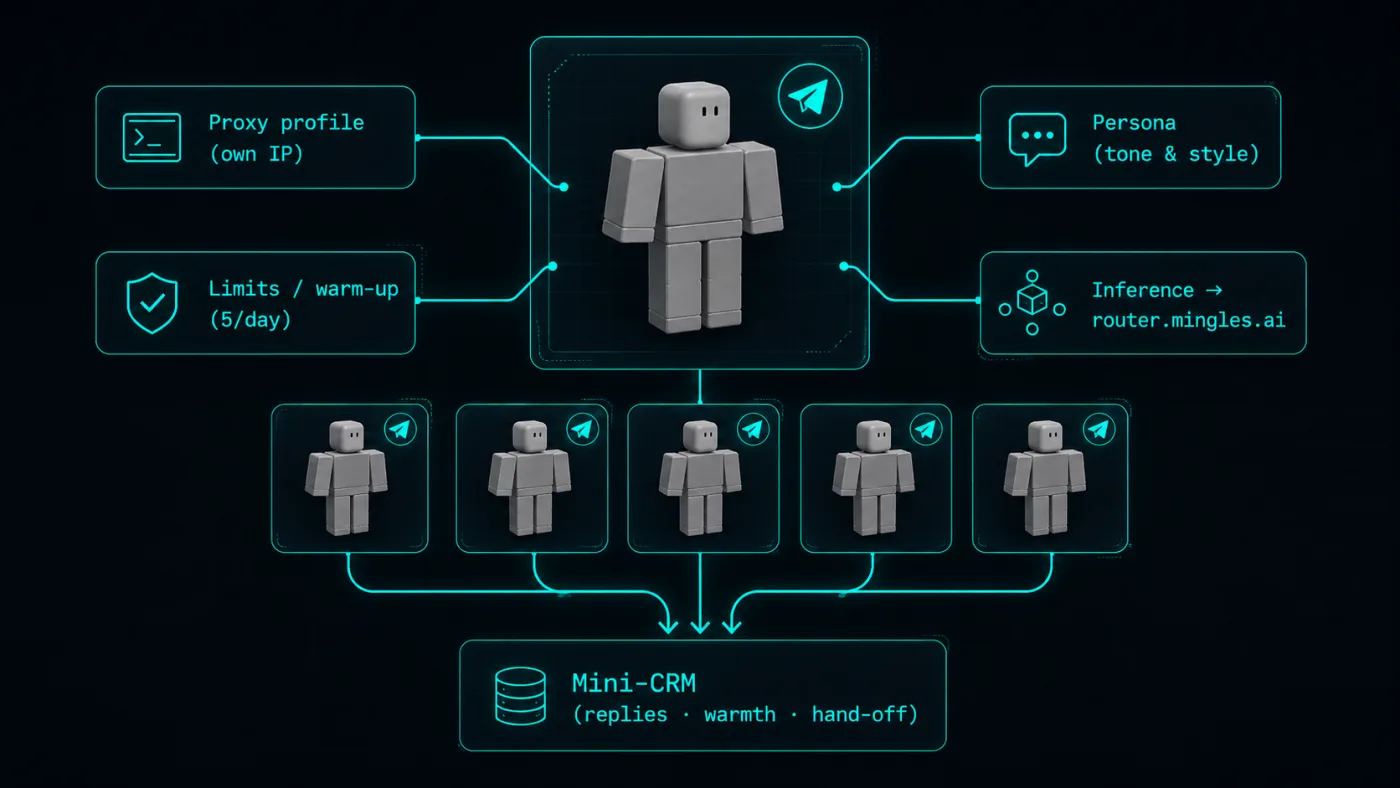 Anatomy of one userbot and the flow into the mini-CRM